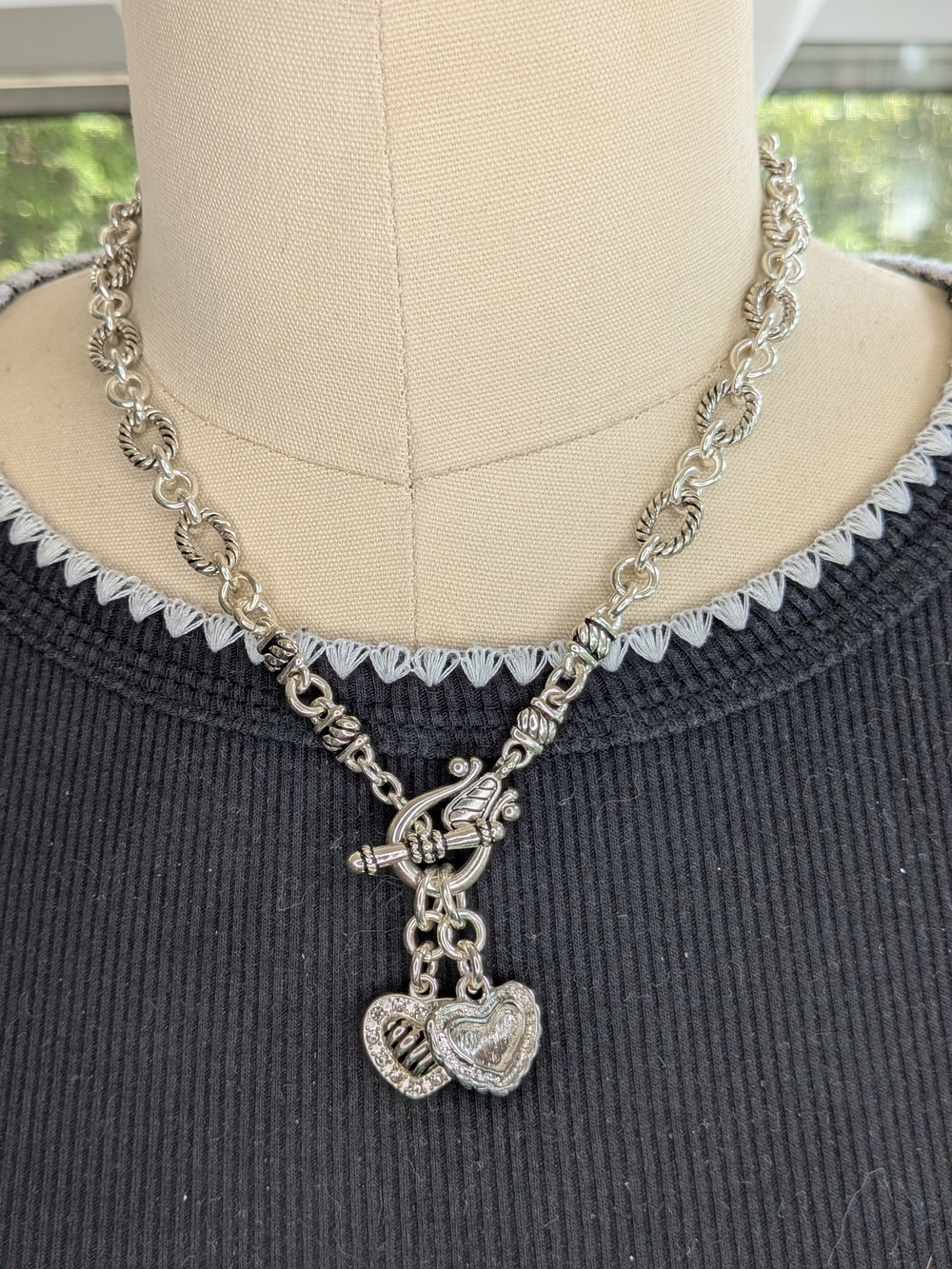 Premier Designs Silver Tone Cable Link Toggle Necklace Dual Heart Charms